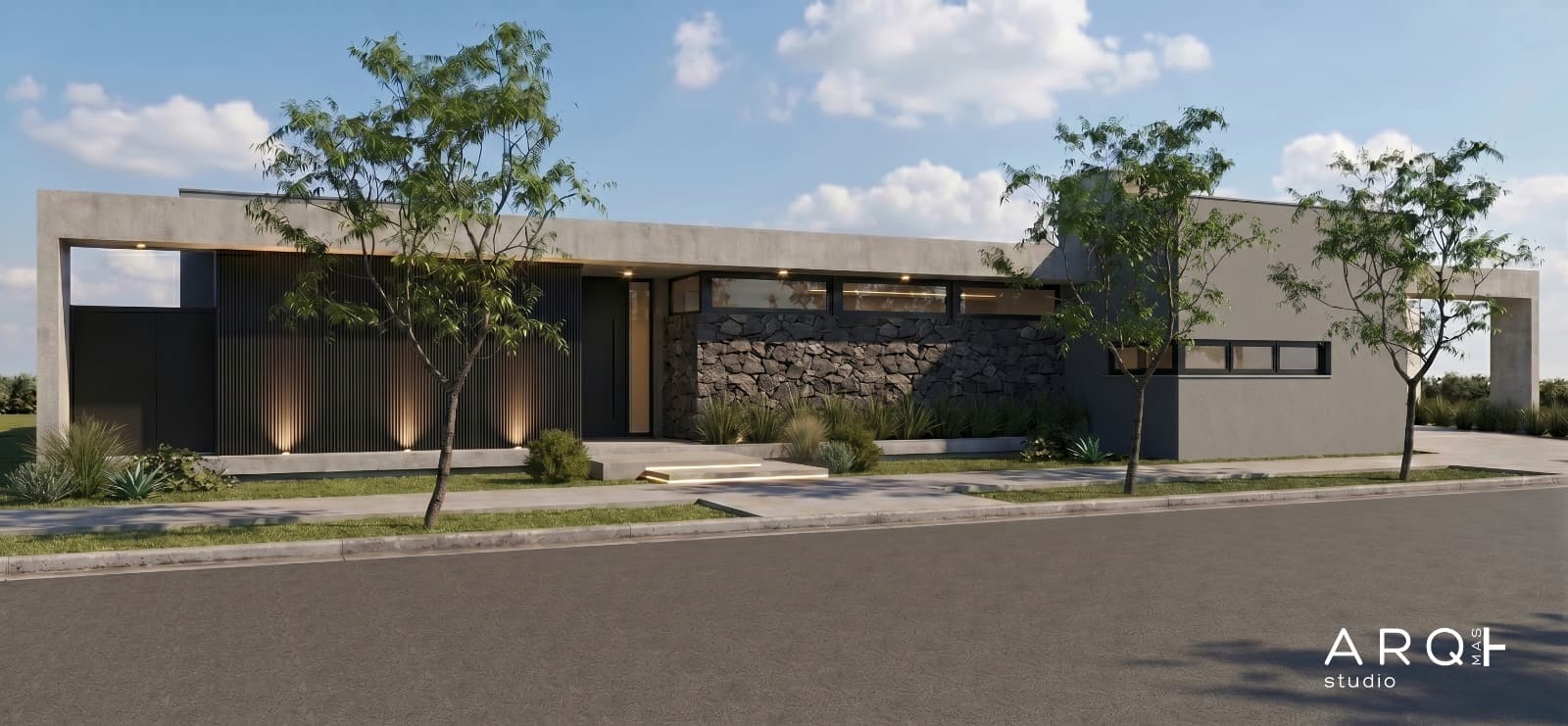 Render de la fachada frontal de la vivienda, vista diurna